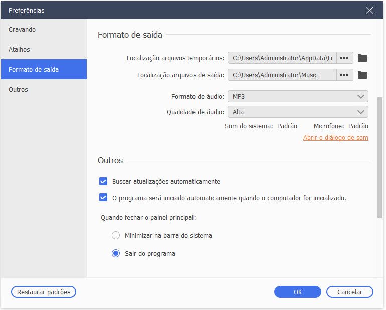 musicrecorder preferences output