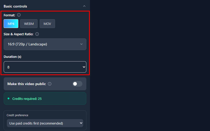 selecionar formato, proporção e duração