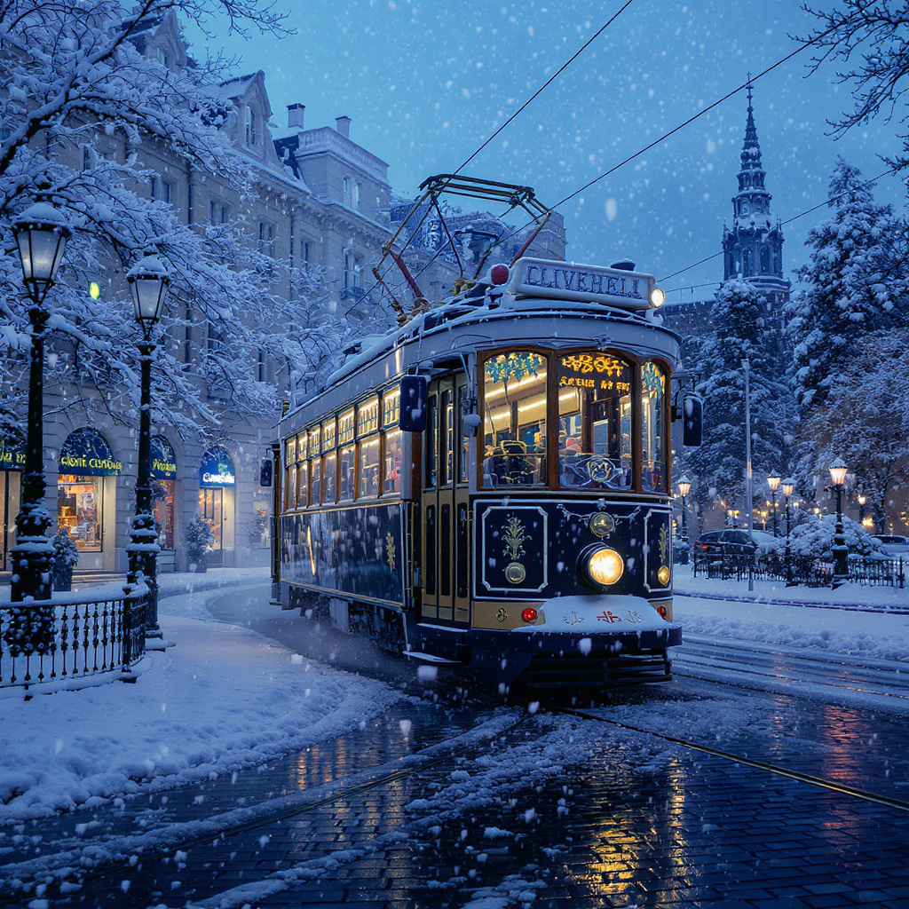 Paisagem urbana com bonde na neve